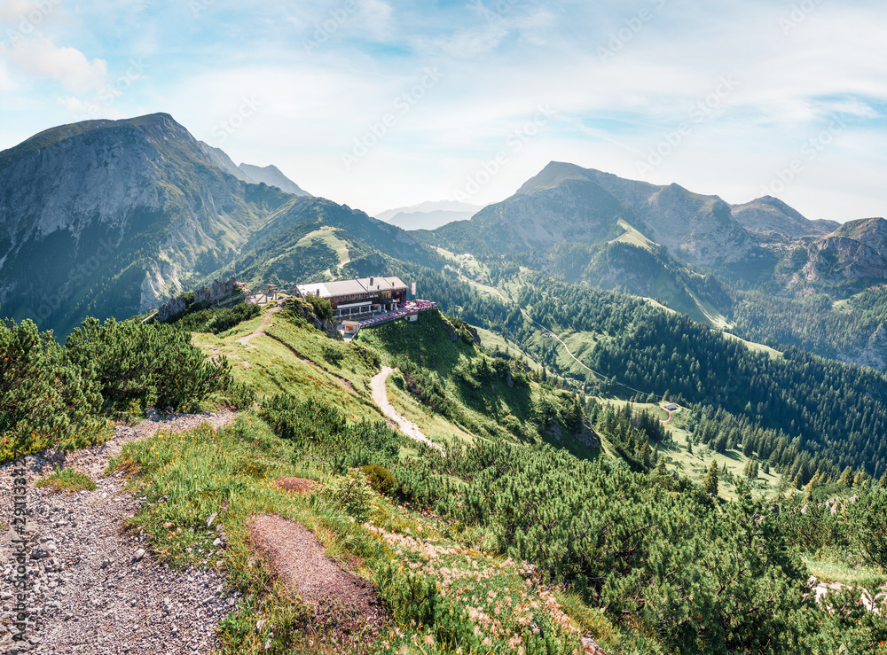 Gorgeous view from top of cableway above the Konigsee lake on Schneibstein mountain ridge. Bright summer morning on a border of Germany and Austrian Alps. Berchtesgaden location, Bavaria, Germany.