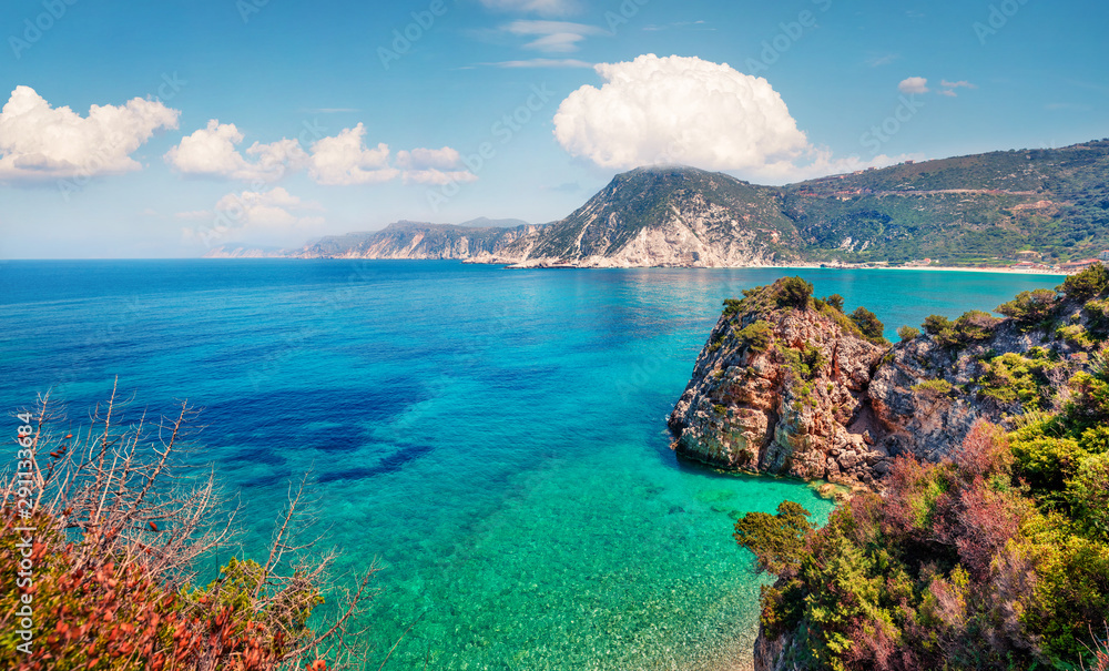 Fototapeta premium Stunning spring view of Agia eleni beach. Colorful morning seascape of Mediterranean Sea. Bright outdoor scene of Kefalonia island, Greece, Europe. Traveling on Ionian Islands.