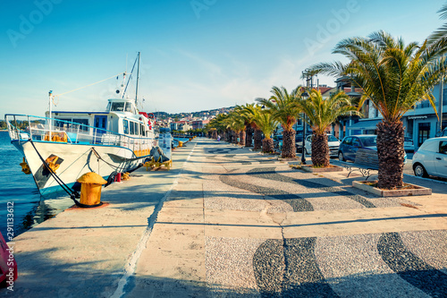 Picturesque spring cityscape of Argostoli port. Exciting morning scene of Kefalonia island, Greece, Europe. Beautiful seascape of Ionian Sea. Traveling concept background.