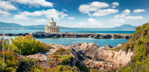 Amazing spring view of Saint Theodore Lantern. Sunny morning landscape of Argostoli Vilagito Torony Nature Preserve. Beautiful outdoor scene of Kefalonia island,  Greece, Europe. photo