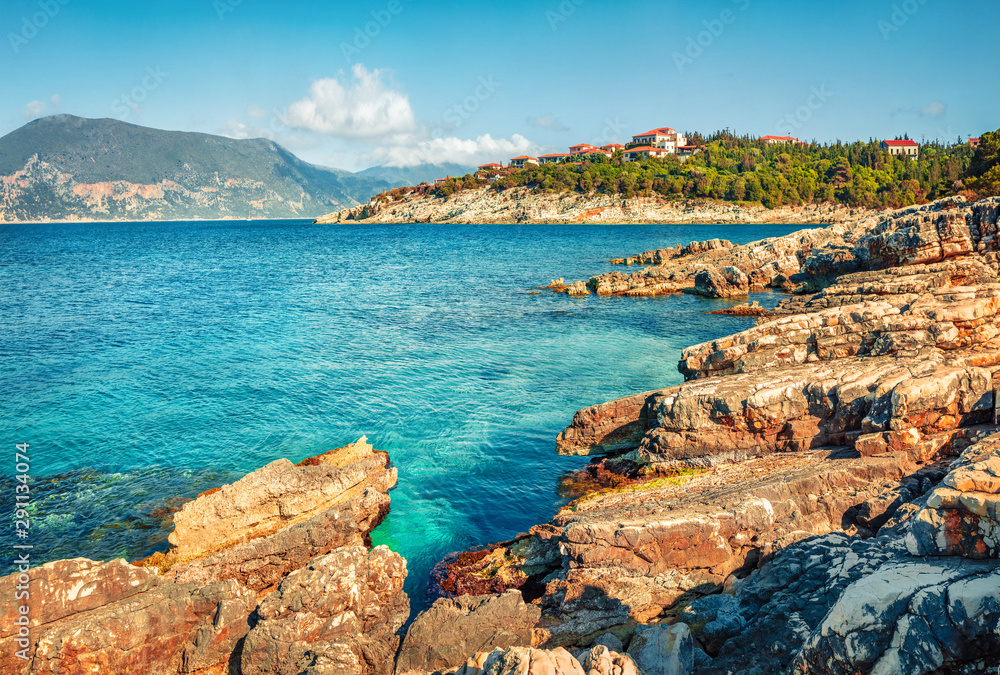 Bright spring day on the Emblisi beach. Colorful view of Kefalovia island, Greece, Europe. Nice morniung seascape of Ionian Sea. Traveling concept background.