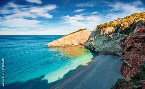 Unbelievable spring view of Porto Katsiki Beach. Colorful morning seascape of Ionian sea. Picturesque outdoor scene of Lefkada Island, Greece, Europe. Beauty of nature concept background.