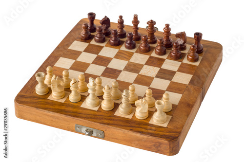 chess pieces stand on a wooden board isolated on a white background