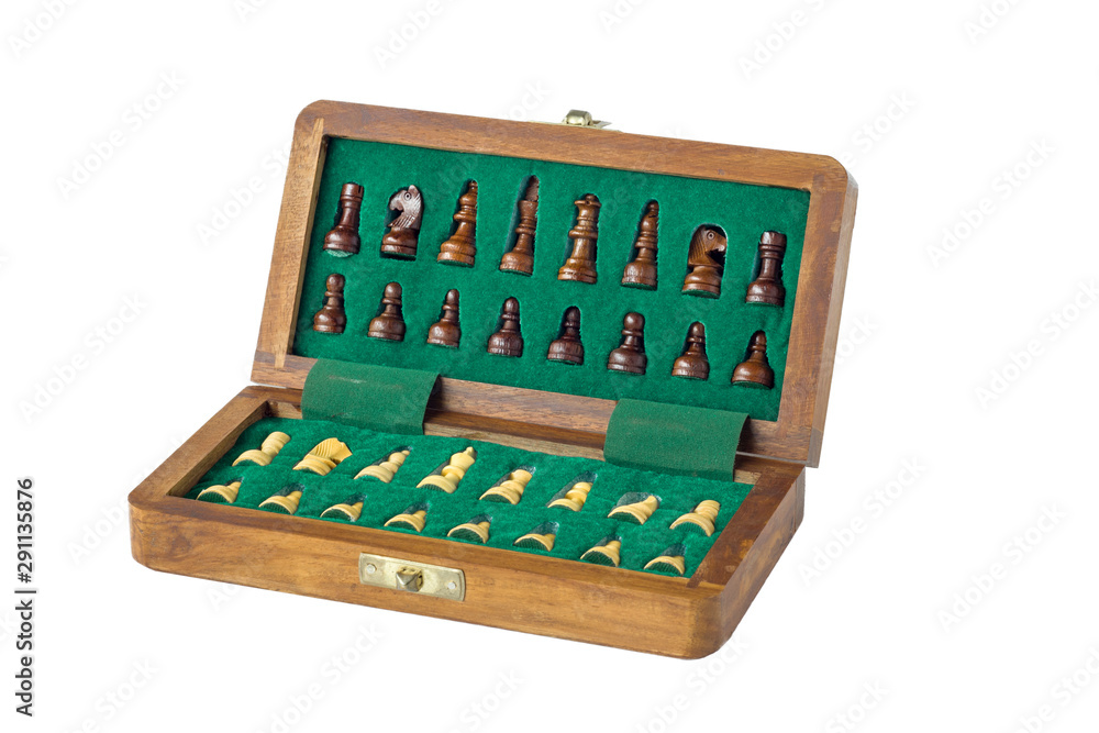 open wooden chessboard with figures in green velvet, closeup isolated on white background open wooden chessboard with figures in green velvet, closeup isolated on white background