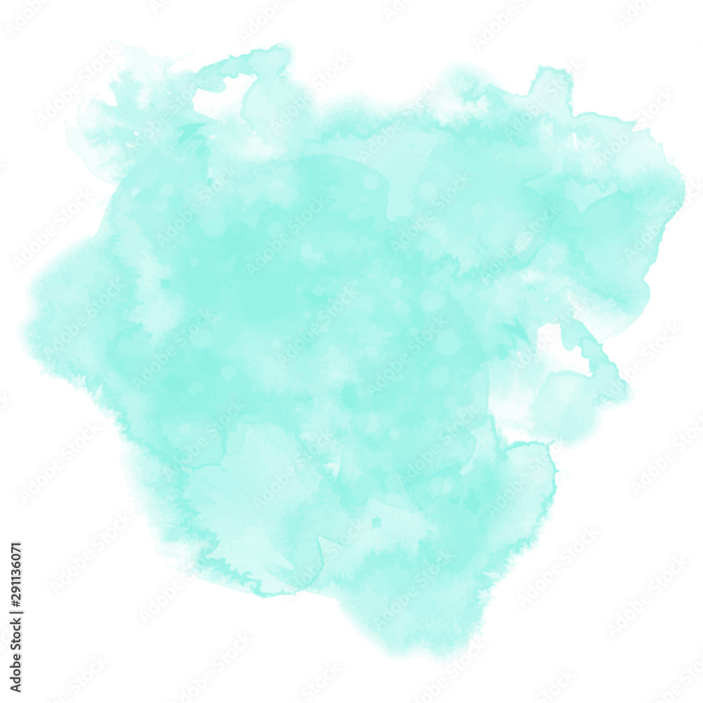 Neo mint watercolor background. Abstract vector paint splash, stain isolated on white backdrop. Aquarelle colorful texture. Watercolour neo-mint backdrop with free copy space. 