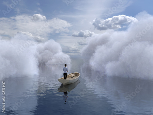 woman is sailing in a boat through the clouds photo