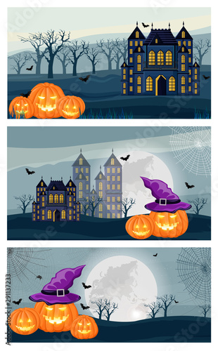 Collage vector set of halloween forest with castle, pumpkins, witch hat and s...