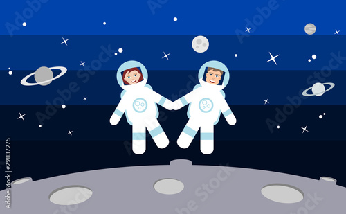 Two astronauts float in space holding hands. Happy man and woman in space suits smiling. Love, space travel, explore. Relationship thriving. Couple reaching new heights. Vector illustration,flat style
