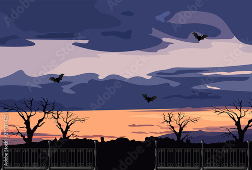 Sunset before halloween party with bats, forest and clouds. Flat style vector