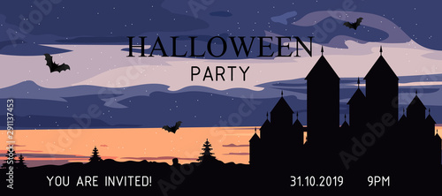 Halloween party banner with castle, bats, forest and clouds. Invitation card ...