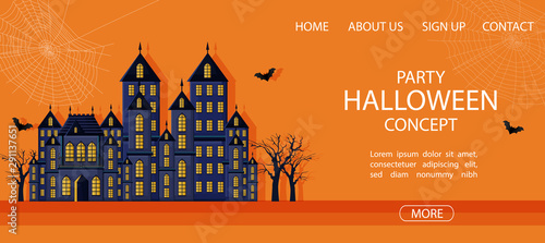 Halloween party site banner with big castle and spider web. Orange background vector. Flat style