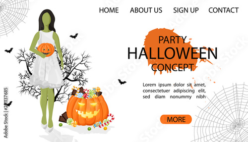 Halloween party site banner with green woman wearing white dress, pumpkin ful...