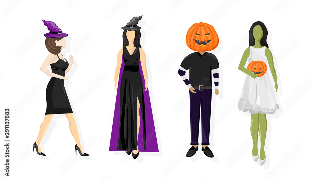 Set of people in halloween outfit. Wearing pumpkin on head, witch hat, green skin color. White background vector. Flat style