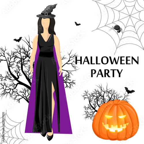 Halloween party site banner with woman wearing black dress and witch hat, pum...