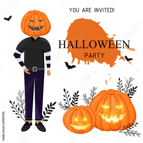 Halloween party invitation with man wearing pumpkin on head, bats and spider ...