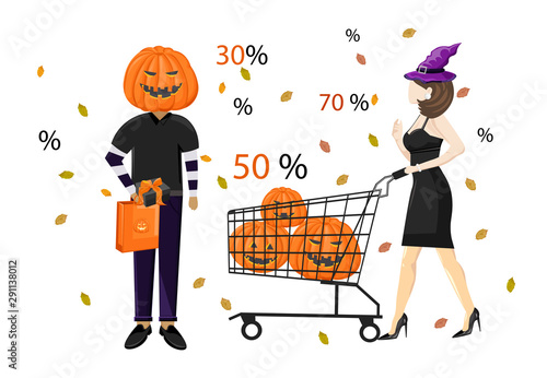 Couple dressed in halloween holiday outfit shopping with cart vector. Special...