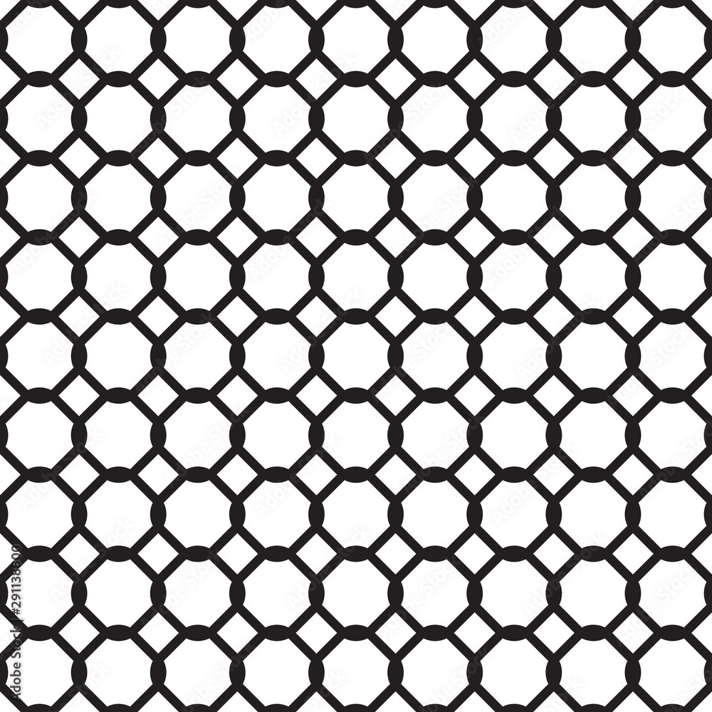 Seamless pattern with lattice ornament. Oriental traditional element with repeated rounded shapes. Openwork silhouette of grid. Vector white and black background illustration. Net geometric texture.