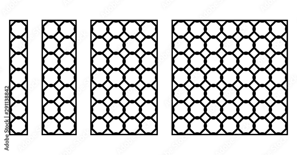 Die cut ornamental panels with lattice pattern. Openwork silhouette with grid ornament. Laser cut template for invitation. Traditional design with repeated rounded shapes. Net geometric texture. Die cut ornamental panels with lattice pattern. Openwork silhouette with grid ornament. Laser cut template for invitation. Traditional design with repeated rounded shapes. Net geometric texture.