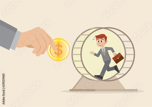 businessman running in hamster wheel for catch gold coin.