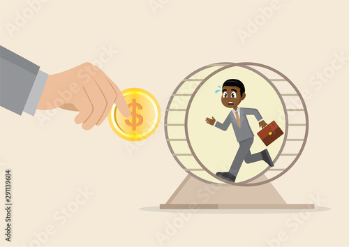 African businessman running in hamster wheel for catch gold coin.