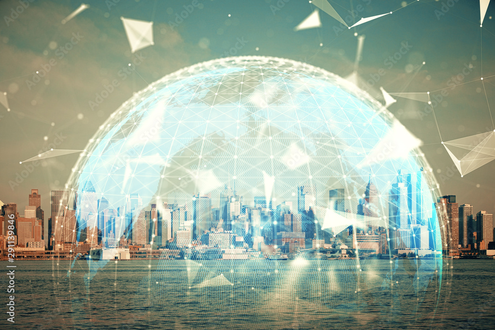 Double exposure of business theme hologram drawing and city veiw background. Concept of success. Double exposure of business theme hologram drawing and city veiw background. Concept of success.