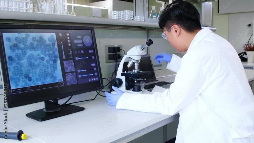 Scientist working in lab. Asian doctor making medical research. Laboratory tools: microscope, test tubes, equipment. Biotechnology, chemistry, science, experiments and healthcare concept. Scientist working in lab. Asian doctor making medical research. Laboratory tools: microscope, test tubes, equipment. Biotechnology, chemistry, science, experiments and healthcare concept.