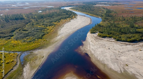 Landscape of the forest-tundra and the sandy river bank, bird's eye view.Arctic Circle, tunda