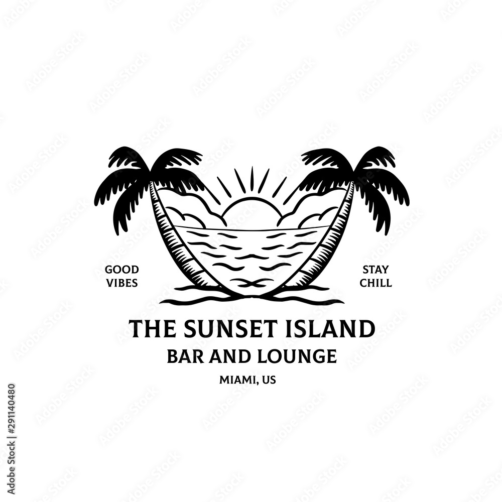 Beach illustration logo design with coconut or palm tree and sun drawing. Ocean and wave vector graphics Beach illustration logo design with coconut or palm tree and sun drawing. Ocean and wave vector graphics