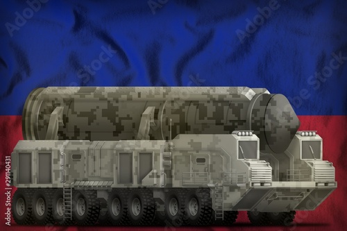 intercontinental ballistic missile with city camouflage on the Haiti national flag background. 3d Illustration photo