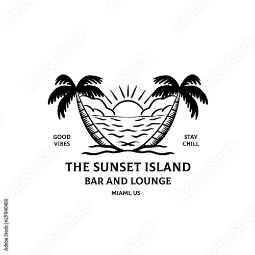Beach illustration logo design with coconut or palm tree and sun drawing. Ocean and wave vector graphics