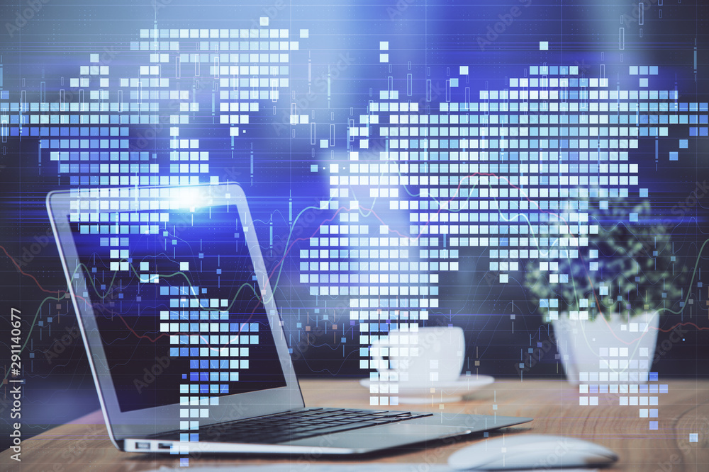 Multi exposure of business theme icons and table with computer background. Concept of success. Multi exposure of business theme icons and table with computer background. Concept of success.