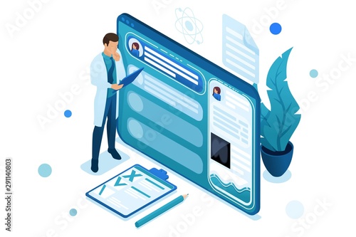 Doctor looks at the patient's electronic chart on the tablet. Health care concept. 3d isometric. Concept for web design-01