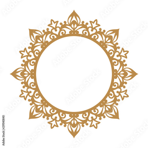 Laser cutting photo frame. Decorative round template for design. Vector geometric vintage metal border. Oriental ornamental lace, golden silhouette. Circular pattern in arabesque style. Napkin stencil