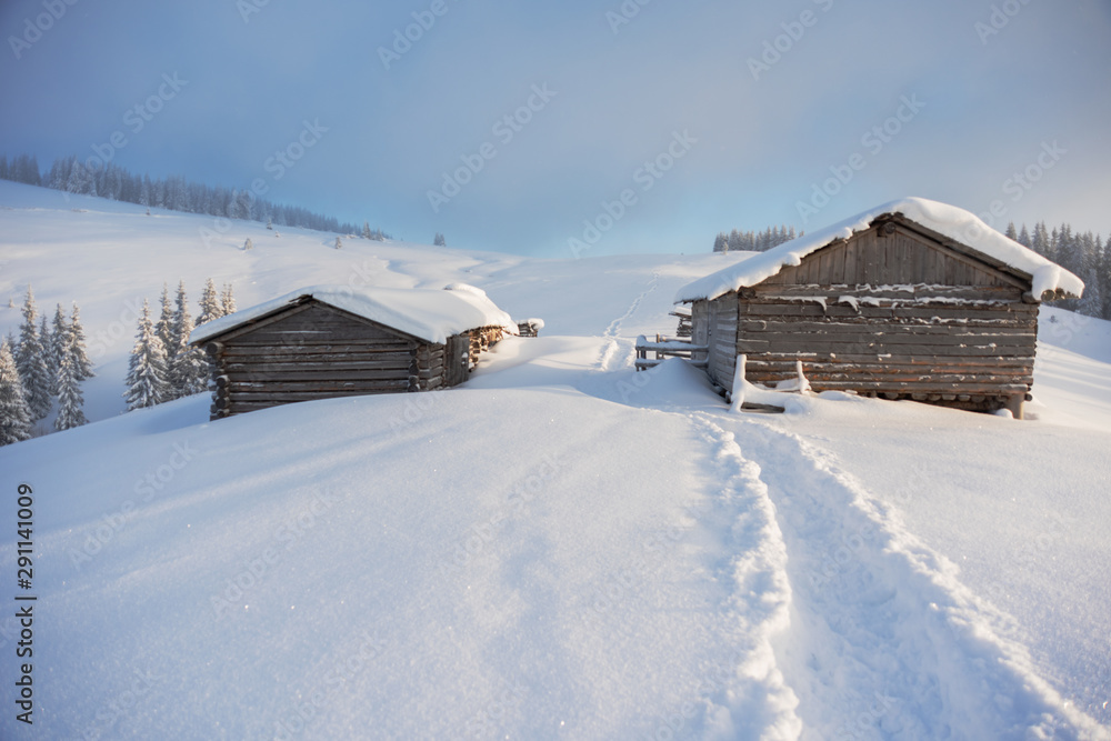 Wonderful winter in the Ukrainian Carpathian Mountains with snow-covered houses and spruce around Wonderful winter in the Ukrainian Carpathian Mountains with snow-covered houses and spruce around