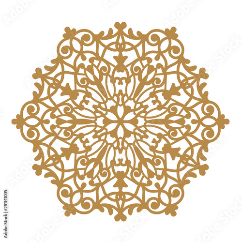 Laser cutting mandala. Round ornamental lace, golden floral pattern. Oriental ornament silhouette. Vector geometric circle. Circular pattern in arabesque style. For wedding invitation, greeting card.