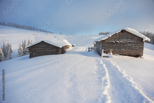 Wonderful winter in the Ukrainian Carpathian Mountains with snow-covered houses and spruce around © reme80