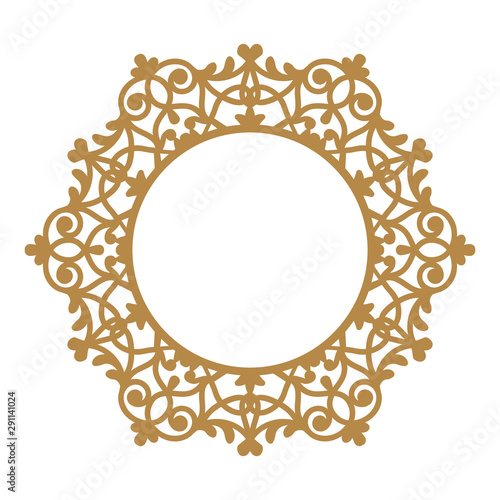 Laser cutting photo frame. Decorative round template for design. Vector geometric vintage metal border. Oriental ornamental lace, golden silhouette. Circular pattern in arabesque style. Napkin stencil