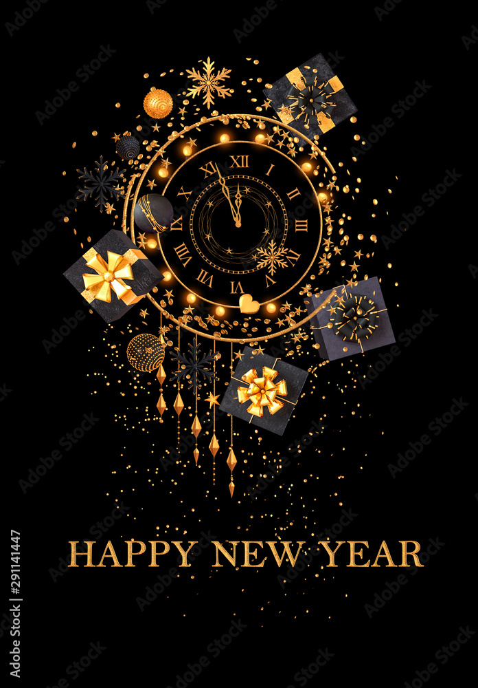 Christmas shiny black background, New Year, black box, clock,gold bow, flying confetti, clock, sparkles, tinsel, balls, heart, toys, ball, serpentine, garland illumination, 3D rendering, Christmas shiny black background, New Year, black box, clock,gold bow, flying confetti, clock, sparkles, tinsel, balls, heart, toys, ball, serpentine, garland illumination, 3D rendering,