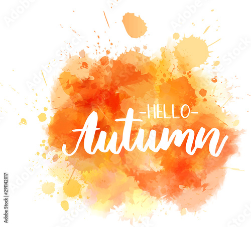 Hello autumn calligraphy on watercolor splash