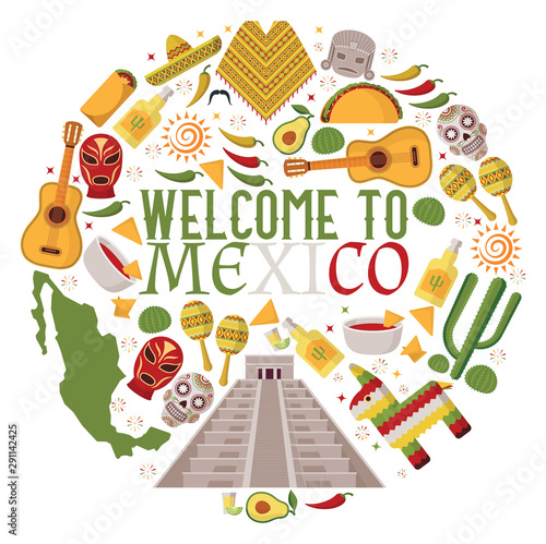 Mexican symbols in round frame composition, vector illustration. Welcome to Mexico sightseeing tour, visit historic landmarks, taste local cuisine. Mexican culture flat icons, travel booklet cover