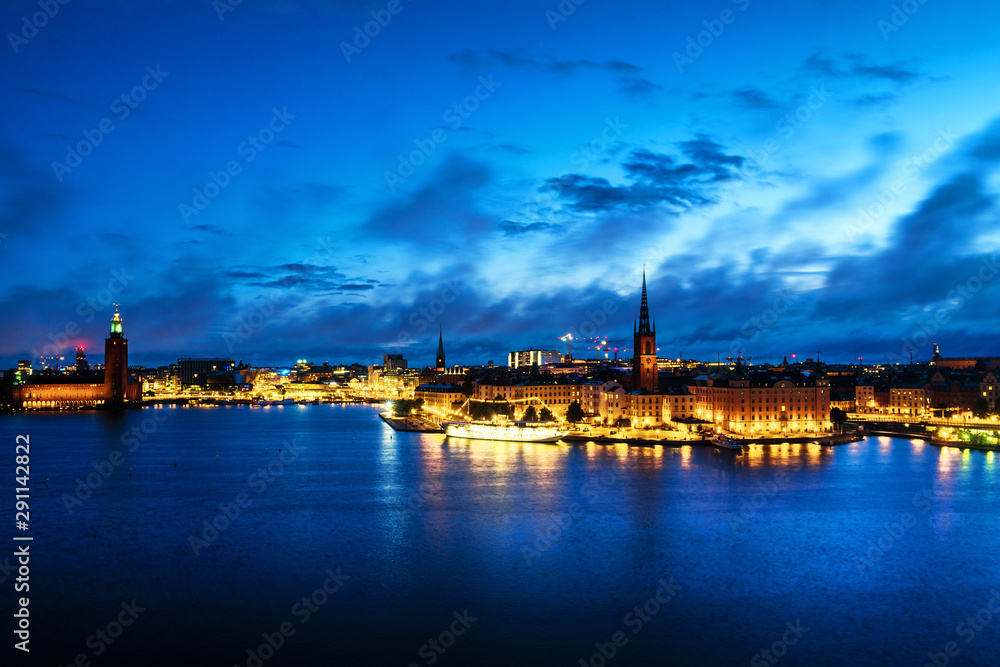 Aerial view of Gamla Stan in Stockholm, Sweden with landmarks like Riddarholm Church