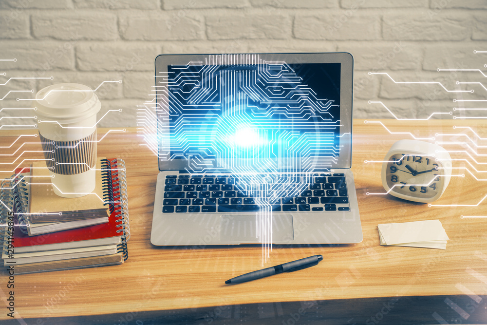 Double exposure of table with computer and brain hologram. Data innovation concept. Double exposure of table with computer and brain hologram. Data innovation concept.