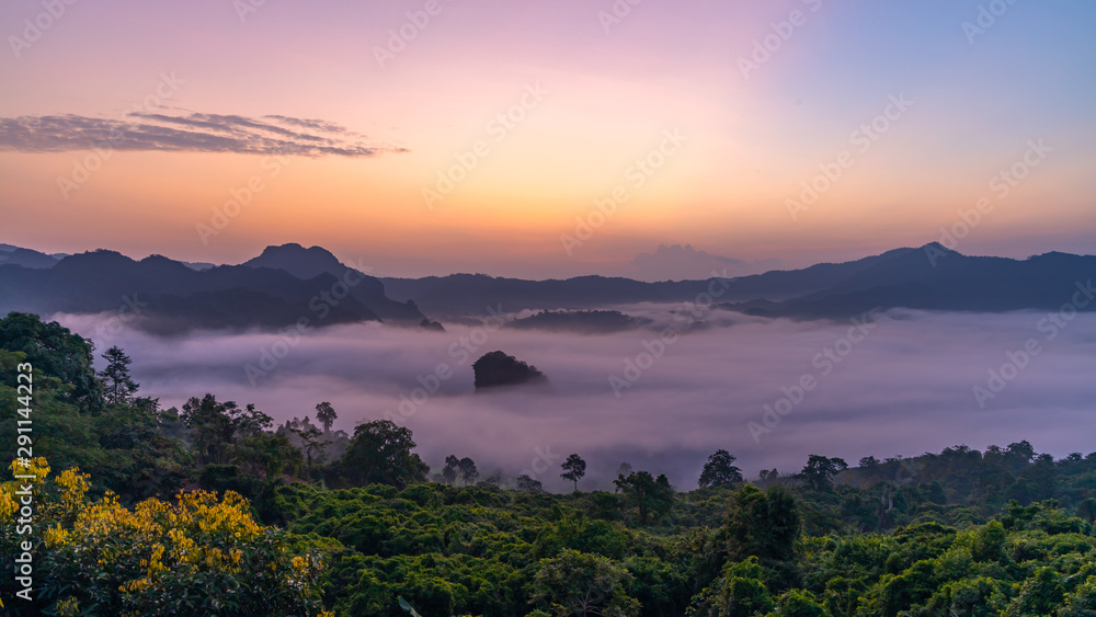 Thailand mountains in the mist sunrise, Phayao Province, North of Thailand.