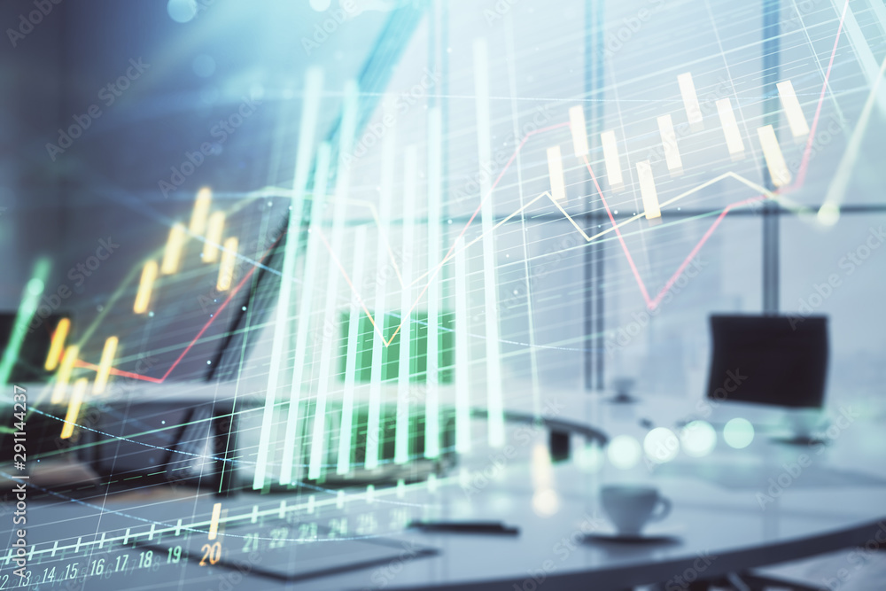 Double exposure of forex chart on conference room background. Concept of stock market analysis Double exposure of forex chart on conference room background. Concept of stock market analysis