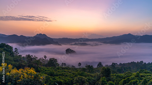 Thailand mountains in the mist sunrise, Phayao Province, North of Thailand.