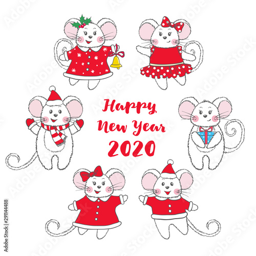 Set of cute hand drawn Mice isolated on white background.