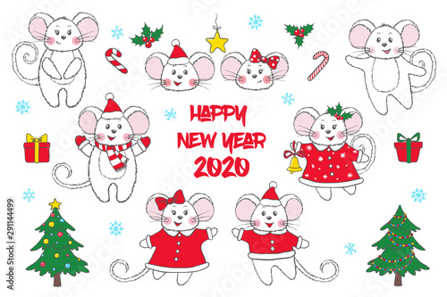 Set of cute hand drawn Mice and New Year symbols.