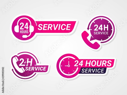 Set of 24 hours a day service badge, label, or sticker for customer service vector illustration