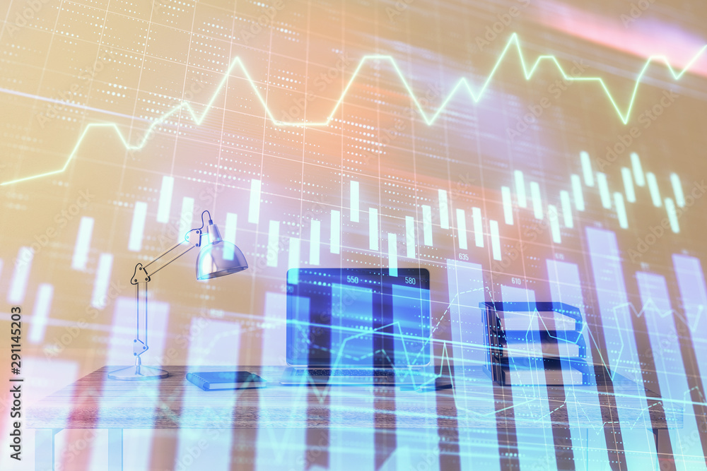 Stock market chart and desktop office computer background. Multi exposure. Concept of financial analysis. Stock market chart and desktop office computer background. Multi exposure. Concept of financial analysis.