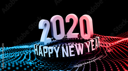 Congratulations on the New Year 2020 in technostyle. Rounded 3D text with HUD elements. Big data. illustration photo
